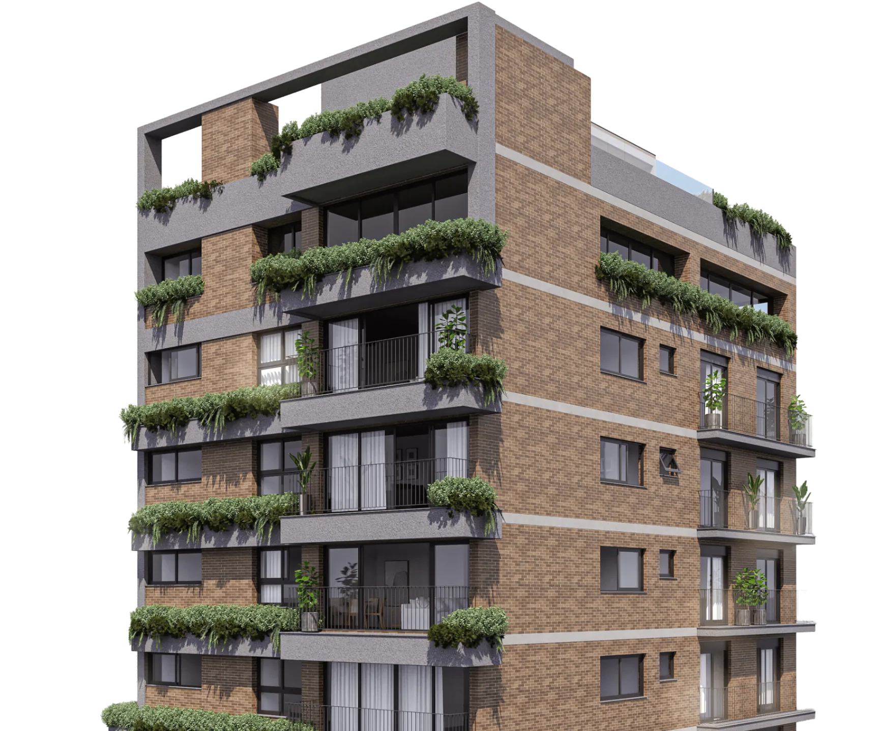 Render panorâmico do Roca 815 mostrando fachada, entorno arborizado e paisagem do Bela Vista, Porto Alegre