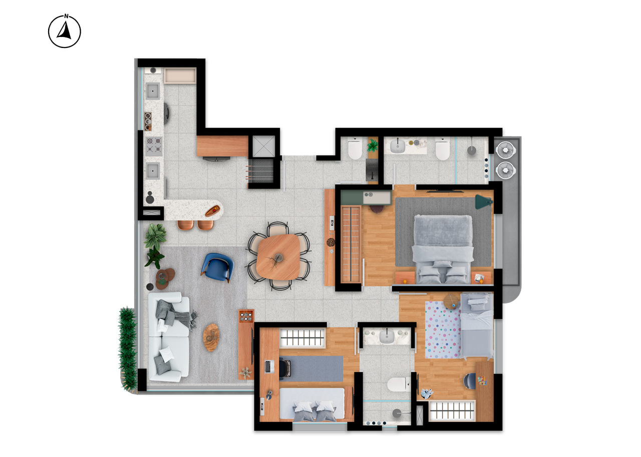 Planta humanizada do apartamento Final 01 (Frente) — 3 suítes.