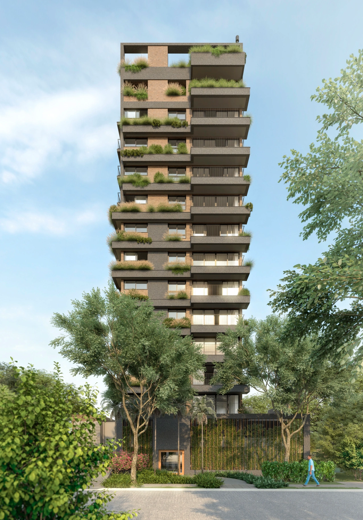 Render arquitetônico da fachada do Roca 815, com destaque para volumetria e integração paisagística